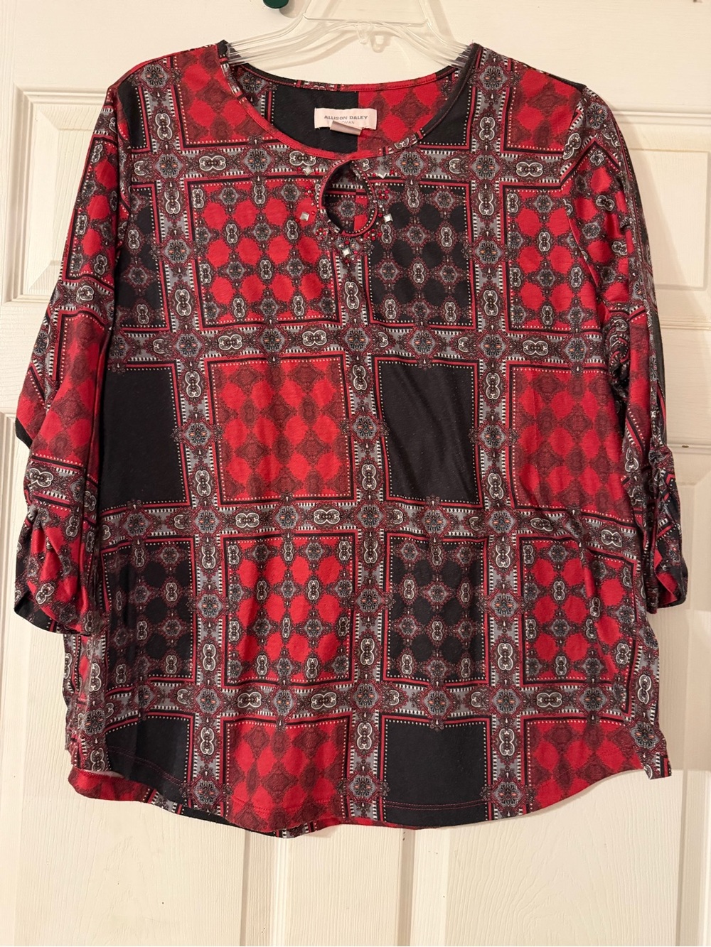 Allison Daley Red and Black Geometric Keyhole Blouse